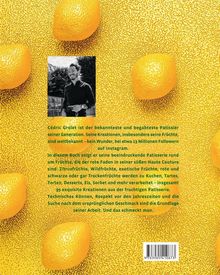 Text über Cédric Grolet als begabter Patissier. Hintergrund: gelbe Zitronen. Foto: lachender Mann in Schwarz-Weiß.