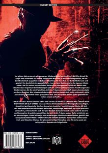 BUDGET EDITION. Text über einen Kindermörder bei Elm Street. Hintergrund in Rot, Silhouette mit Kralle und Hut, unheimliche Atmosphäre.