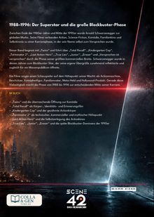 1988–1996: Der Superstar und die große Blockbuster-Phase. Beschreibung von Schwarzeneggers Filmkarriere samt Erfolgen. Unten sind ein Logo des Verlages und ein Preis angegeben. Hintergrund zeigt eine düstere Stadtlandschaft mit Feuereffekten.