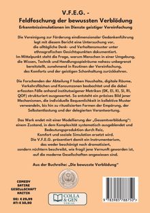 Text: V.F.E.G. - Feldforschung der bewussten Verblödung. Beschreibung eines Buchs über Verhaltensmuster und Vereinfachung. Unten: Buchreihe, Preisangaben und Verlag "Colla & Gen". Illustration eines Siegels.