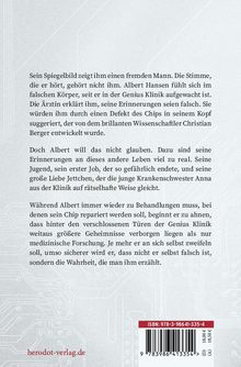 Text beschreibt Albert Hansens Zweifel an seiner Identität und geheime Experimente in der Genius Klinik. Unten: herodot-verlag.de