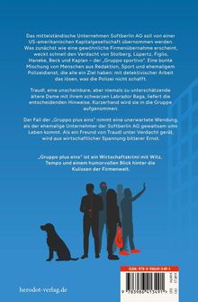 Texte beschreiben einen Wirtschaftskrimi um eine Unternehmensübernahme. Silhouetten mit Hund, ISBN unten rechts.