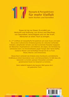 "17 Rezepte & Perspektiven für mehr Vielfalt beim Kochen und Genießen." Gelber Hintergrund, ISBN unten rechts.