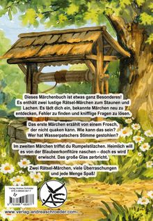 Texte beschreiben Rätsel-Märchen. Illustration eines Brunnens in einem grünen Wald mit blühenden Blumen.