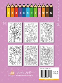 Auf lila Hintergrund: Bunte Bleistiftspitzen mit Zahlen 1-12, darunter fünf Pferde-Illustrationen.