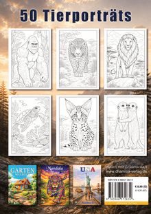 "50 Tierporträts". Oben sind schwarz-weiße Tierillustrationen: Gorilla, Leopard, Löwe, Schildkröte, Wildkatze, Erdmännchen. Unten drei bunte Buchcover: Garten, Mandala Tiere, USA. ISBN und Preisangaben rechts.