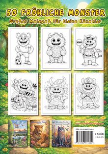 "50 FRÖHLICHE MONSTER" und "Großer Malspaß für kleine Künstler". Sechs Illustrationen von fröhlichen Monstern in unterschiedlichen Kostümen.