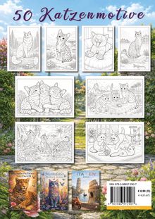Oben steht "50 Katzenmotive". Acht Katzenmotive sind als Malvorlagen abgebildet. Unten drei Buchcover mit Tieren.