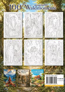 "100 magische Waldmomente" steht oben. Sechs Illustrationen mit Waldwesen, Natur, Magie. Drei Malbücher unten: Stressabbau, Ungezähmte Tiere, Garten.