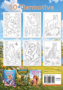 50 Tiermotive. Sechs Ausmalbilder: Panda, Reh, Puma, Katze mit Schmetterling, Affe mit Baby, Gepard. Unterer Bereich: Meerjungfrauen-, Dinosaurier- und Pferdemalbuch.