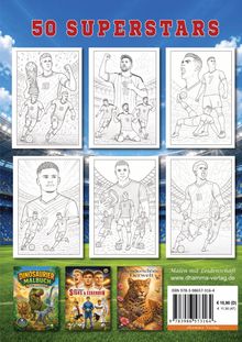 "50 SUPERSTARS". Sechs Fußballskizzen mit Spielern in Aktion, umgeben von Stadionkulisse und drei Malbuch-Covern darunter.