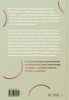 Text über die Bedeutung von Gebet und Glauben für Kinder, Buch enthält 365 Andachten, inspiriert von Bibelversen. Oben schwache rote Klammer als Design-Element. Unten roter Halbkreis.