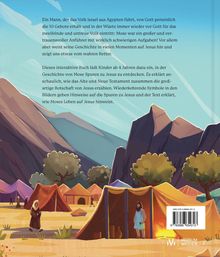 Ein Text beschreibt Moses' Führung, die Verbindung zu Jesus und ein interaktives Buch für Kinder. Illustration von Zelten in einer Wüstenlandschaft mit Bergen und Bäumen im Hintergrund.