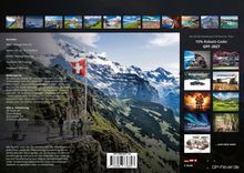 15% Rabatt-Code: GPF-2027. Eine Berglandschaft mit Schweizer Flagge, Fotos darüber, viele thematische Kästchen rechts.