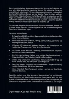 Text beschreibt ein Buch über Turnaround-Management mit Fallbeispielen von erfahrenen Interim Managern. Unten: "Diplomatic Council Publishing".