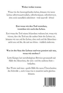 Text über das Verstehen von Leben und Tod, Hinweise auf Beweise von Lotte Krieger. Unten rechts ist ein Barcode.