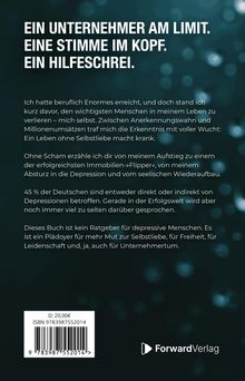 Ein Buchrücken mit Text über die Herausforderungen eines Unternehmers, der Selbstliebe und mentale Gesundheit betont. Unten ein Preis, ISBN und Verlag-Logo. Hintergrund dunkel mit Lichteffekten.