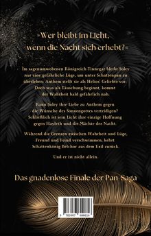Text: „Wer bleibt im Licht, wenn die Nacht sich erhebt?“

Beschreibung: Goldener Text auf dunklem, blätterartigen Hintergrund. Unten ist eine goldene Feder.