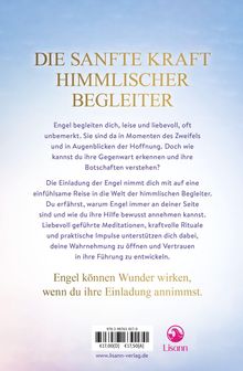 Text: "DIE SANFTE KRAFT HIMMLISCHER BEGLEITER... Engel können Wunder wirken, wenn du ihre Einladung annimmst."  
Ein hellblauer Hintergrund mit einem Verlag-Logo unten.