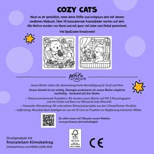Titel: "COZY CATS". Text beschreibt ein Malbuch mit über 45 Bildern, handgezeichnet. Zwei Katzen-Illustrationen sind darunter.