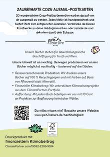 Zauberhafte Cozy Ausmal-Postkarten. Nachhaltige Produktion. Besuche: www.pen2nature.de/nachhaltigkeit. Logo: pen2nature.