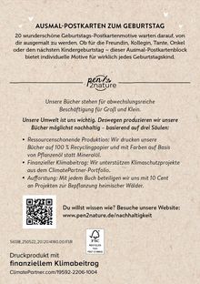 **AUSMAL-POSTKARTEN ZUM GEBURTSTAG**: 20 Motive, nachhaltig, auf Recyclingpapier. Logo von "pen2nature". QR-Code unten links.