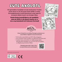 "CUTE AXOLOTL" und Beschreibung von Ausmalbildern mit einem Axolotl-Thema. Umweltfreundliche Produktion betont.