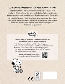 GUTE-LAUNE-RÄTSELSPASS FÜR ALLE PEANUTS™-FANS. Illustration von Snoopy, Nachhaltigkeitsinfos, QR-Code, FSC-Logo.