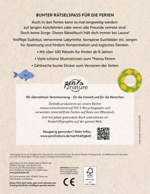 **Bunter Rätselspaß für die Ferien.** Infos zu Rätseln ab 8 Jahren, Sticker und Illustrationen. Logo von pen2nature. QR-Code.
