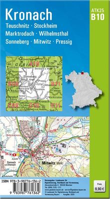 Text: "Kronach, Teuschnitz, Stockheim, Marktrodach, Wilhelmsthal, Sonneberg, Mitwitz, Pressig"; Karte mit Landschaftdetails.