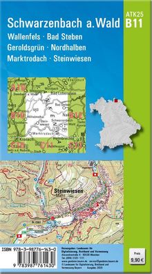 Text: Schwarzenbach a.Wald, Wallenfels, Bad Steben, Geroldsgrün, Nordhalben, Marktrodach, Steinwiesen. ATK25 B11. 

Eine Karte mit einem Umriss von Bayern. Preis: 9,90 €.
