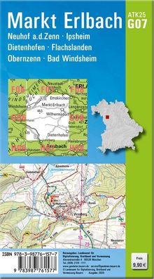 "Markt Erlbach" in großer Schrift, darunter Ortsnamen, grüne Karte mit Umgebung, rechts Umriss von Bayern mit rotem Punkt.