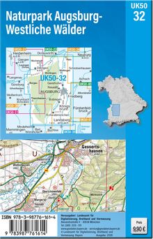 "Naturpark Augsburg-Westliche Wälder", UK50-32 Karte, Preis: 9,90 €, zeigt Auswahlkarte und detaillierte Topografie von Gessertshausen.