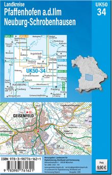 Landkreise Pfaffenhofen a.d.Ilm, Neuburg-Schrobenhausen. Karte mit Städten und Flüssen, ISBN und Preis: 9,90 €.