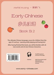 "Early Chinese Book B2 - Kindgerechter Chinesischkurs ab 4 Jahren. Nach Abschluss: 26 neue Wörter und Zeichen." Illustrationen zeigen Früchte.