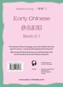 Ein Buchcover mit dem Titel "Early Chinese Book C 1", für Kinder ab 4 Jahren, inklusive 36 Wörter. Webseite: www.early-chinese.com.