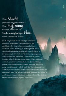 Text: Eine Macht geschaffen aus Nebel und Gier. Eine Hoffnung, die längst als verloren galt. Und ein waghalsiger Plan. Hintergrund: Mystische Landschaft mit hohen, steilen Felsen und schwebenden Blättern.