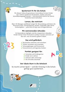Eine bunte Illustration mit Texten, die Lerninhalte für Vorschulkinder bewerben. Enthält Zeichnungen von Buchstaben, Zahlen und Symbolen.