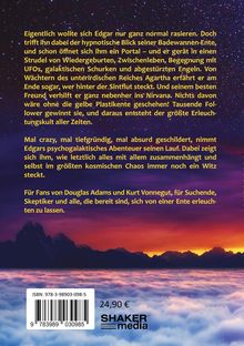 Text in Gelb beschreibt Edgars Reise durch Portale, Begegnungen mit UFOs und mehr. Hintergrund: Sternenhimmel und Berge.