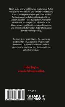 Ein Text beschreibt anonyme Stimmen, die geheime Erlebnisse teilen. Botschaft: "Freiheit fängt an, wenn das Schweigen aufhört." Unten steht "17,00 €" und "SHAKER media".