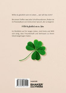 Text über Freundschaft und Glück, grünes vierblättriges Kleeblatt auf beigem Hintergrund.