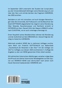 Ein blauer Hintergrund beschreibt Heinrich Heines Harzreise von 1824, der Orte wie Göttingen und den Brocken besucht. Unten ein Barcode.