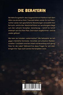 Text zu einem Buch namens "Die Beraterin", über Evas Karriereweg, Herausforderungen und Unterstützung für Leonie.