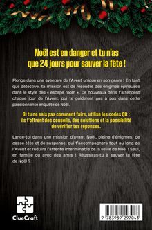 "Noël est en danger et tu n'as que 24 jours pour sauver la fête!" steht in gelber Schrift auf dunklem Hintergrund. Oben Tannenzweige. Unten ist ein Puzzle-Logo mit "ClueCraft".