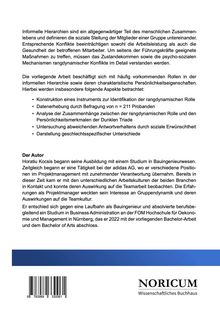 Text widmet sich informellen Hierarchien und deren Einfluss auf Arbeit. Beschreibung von Forschung und Autor. Barcode unten.