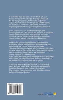 Ein Buchrücken mit Text über Griechenland-Erfahrungen, einschließlich wirtschaftlicher und kultureller Aspekte. ISBN und Verlag sind unten angegeben.