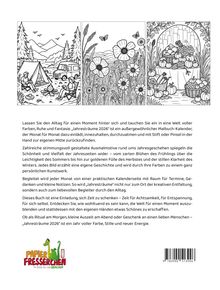 „Jahresträume 2026“ ist ein Malbuch-Kalender. Illustrationen: Campingplatz, Blumenwiese, Ernteszene. Logo: Papierge oder Papieel.