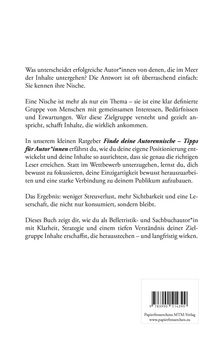 Titel: "Finde deine Autorennische – Tipps für Autor*innen". Klare Schrift; einfache Gestaltung mit Barcode unten.