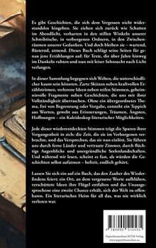 Texte über Geschichten und literarische Möglichkeiten. Links ein Gemälde von alten Büchern und einer Feder.
