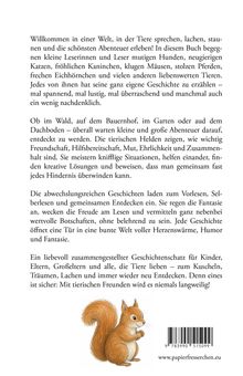 Text beschreibt eine fantasievolle Welt mit tierischen Abenteuern. Illustration eines niedlichen Eichhörnchens unten.